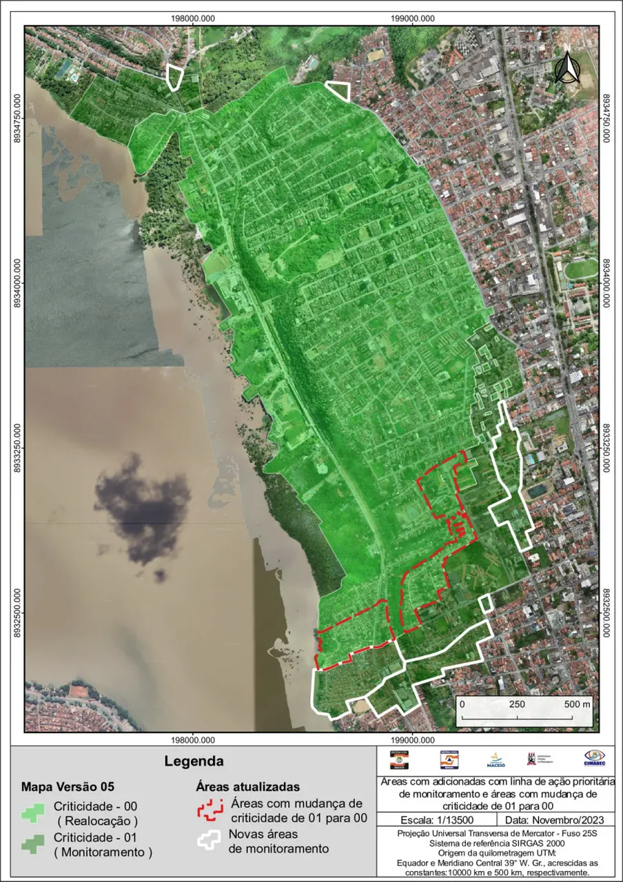 Mapa, divulgado em 30 de dezembro de 2023 pela Defesa Civil de Maceió, mostra área de risco de colapsar devido exploração da Braskem em Maceió. Área de risco em Maceió é ampliada e colapso pode acontecer a qualquer momento; veja mapa