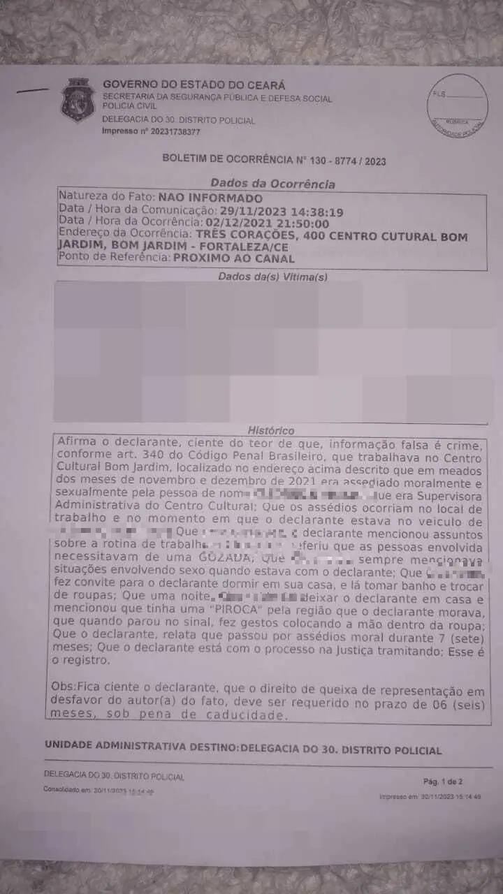 boletim de ocorrência de  vítima de assédio moral e sexual