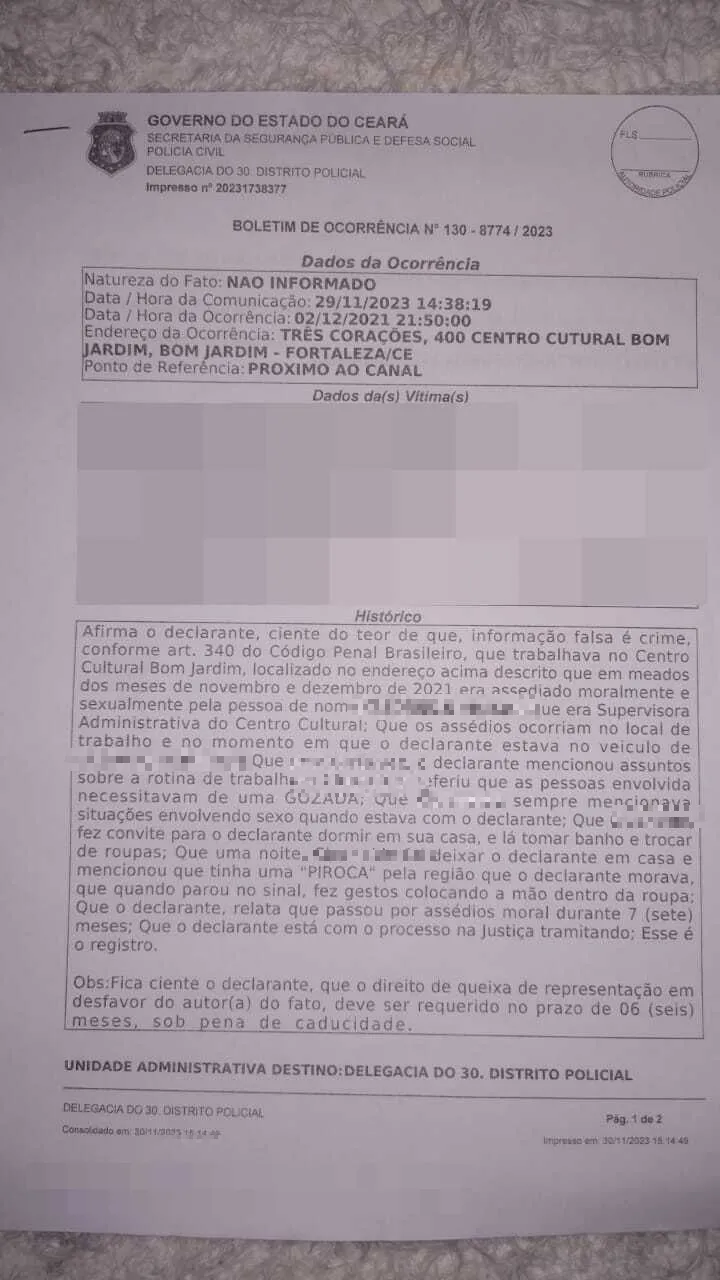 Vítima fez B.O por assédio sexual e moral contra a ex-gestora