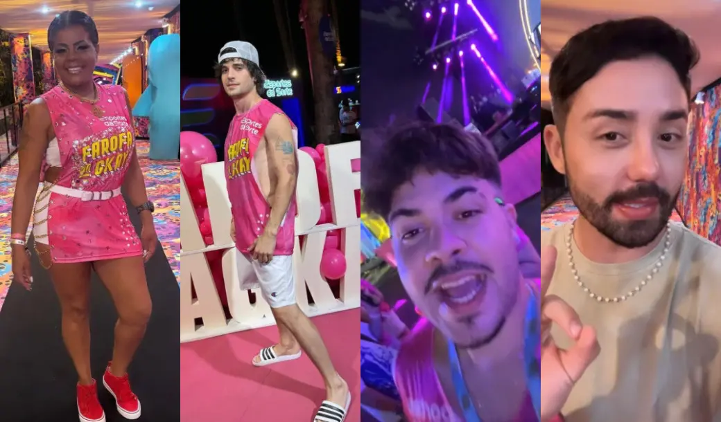 montagem de fotos com Tati Quebra Barraco, Fiuk, Álvaro e Rico Melquíades na farofa da gkay