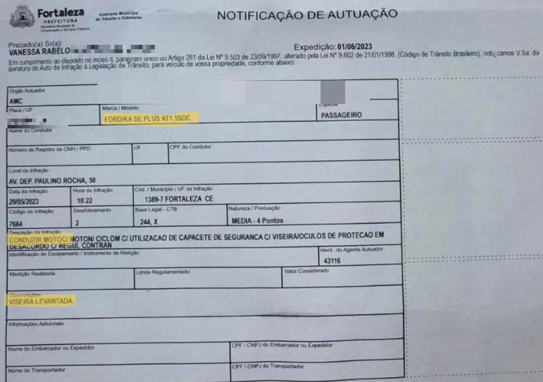 multa de empresária de fortaleza que autuada por andar com viseira de capacete levantada enquanto dirigia carro