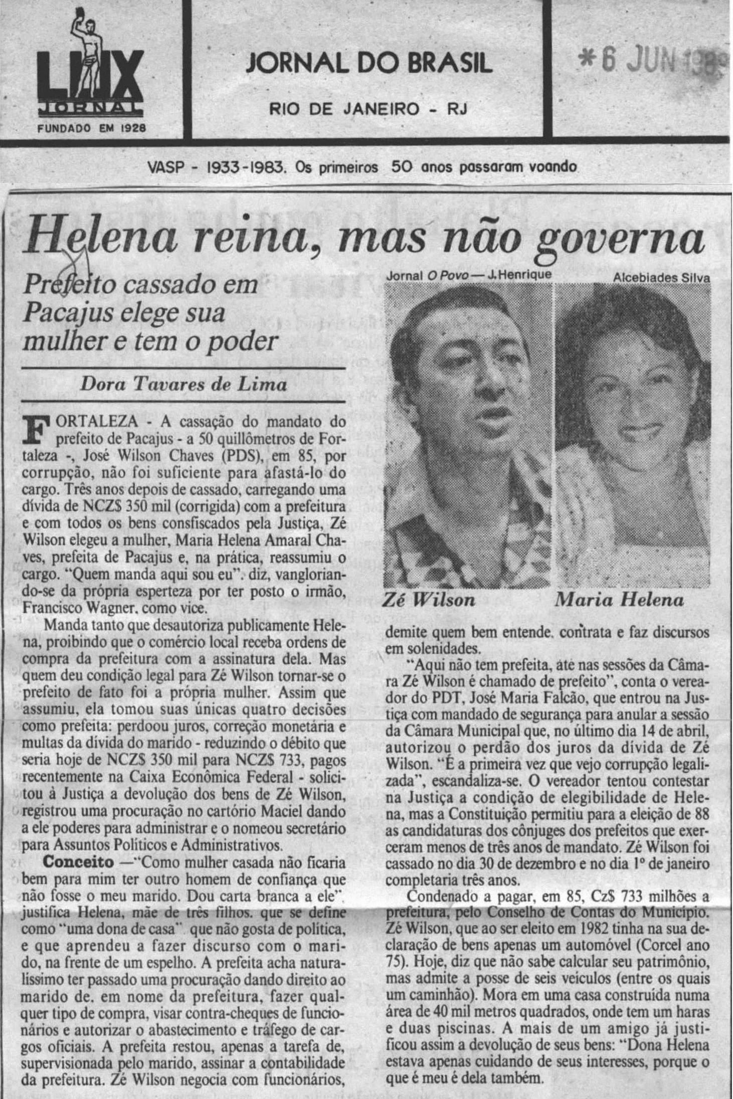 Matéria do Jornal do Brasil veiculado em 1989 contou a história de Zé Wilson e Dona Helena