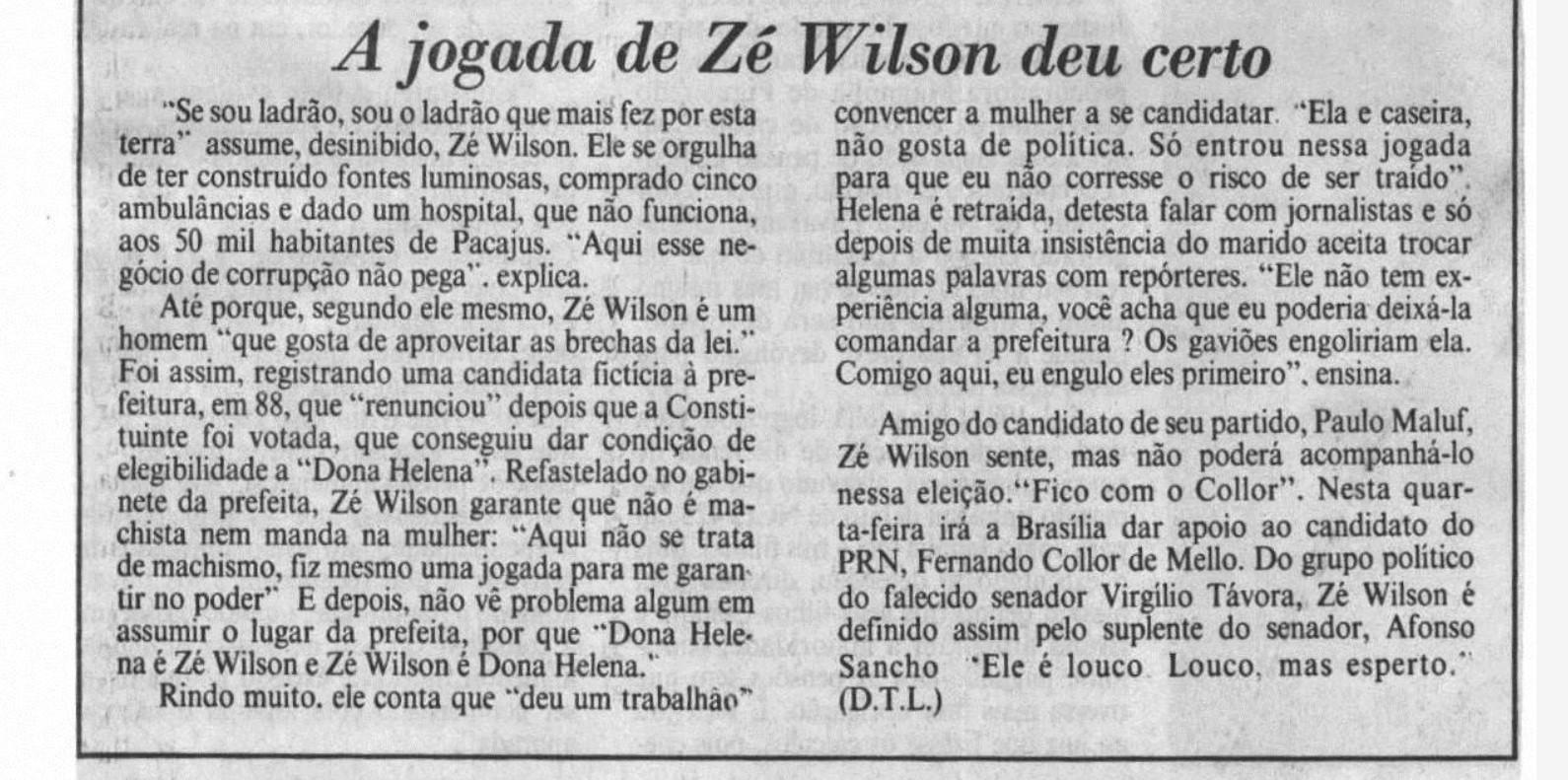 Entrevista concedida por Zé Wilson ao Jornal do Brasil em 1989