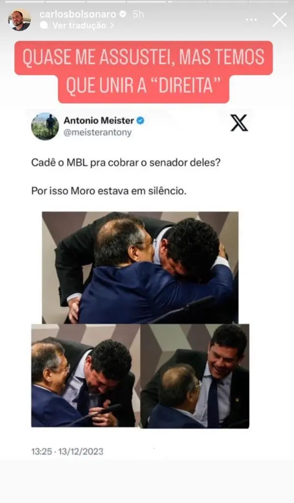 Print do stories de carlos bolsonaro ironizando abraço entre sergio moro e flávio dino