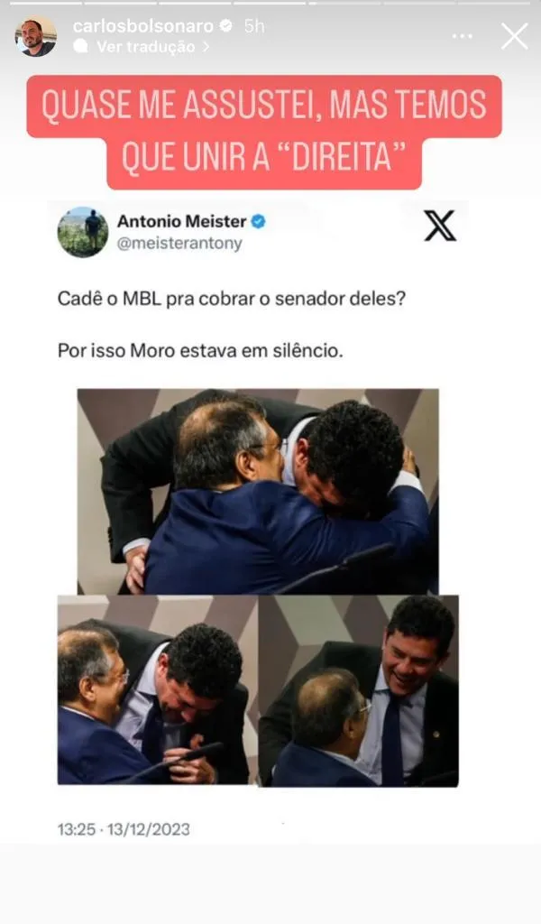 O filho 02 de Bolsonaro publicou sobre o abraço em seu Instagram Stories