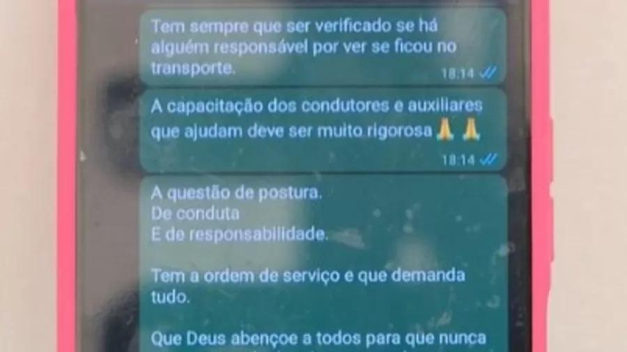 Imagem mostra mensagens enviadas por direção da escola Centro de Educação Infantil, de São Paulo, aos motoristas de transporte escolar pedindo que eles checassem se todas as crianças desembarcaram do veículo. Creche alertou motoristas sobre cuidados antes de menino morrer ao ser esquecido em van escolar