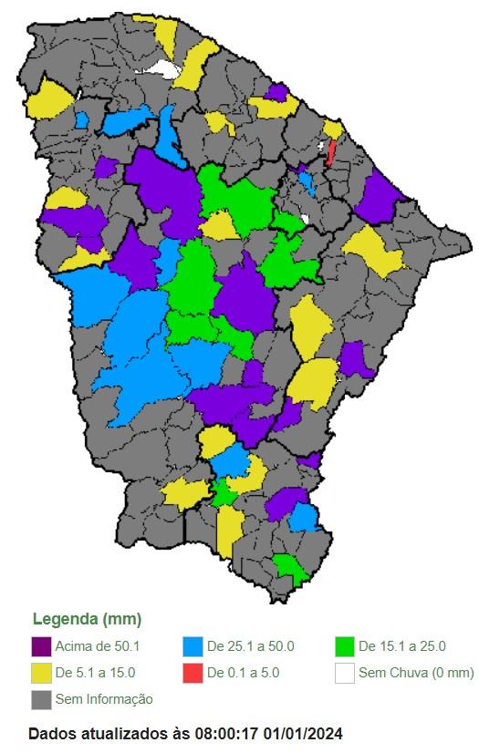 Dados preliminares da Funceme indicam chuvas espalhadas pelo Estado