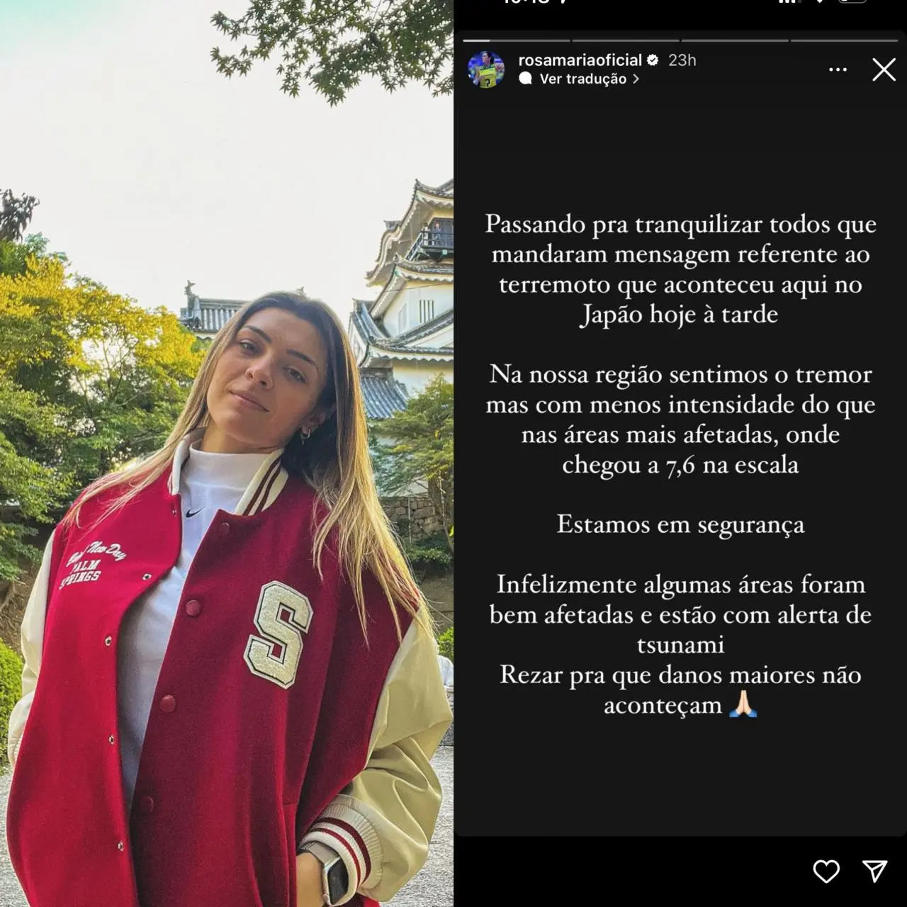 Montagem mostra foto de jogadora de vôlei Rosamaria a lado de mensagem postada por ela tranquilizando fãs, nas redes sociais, após terremoto no Japão, onde ela mora. Jogadora de vôlei Rosamaria tranquiliza fãs nas redes sociais após terremoto no Japão