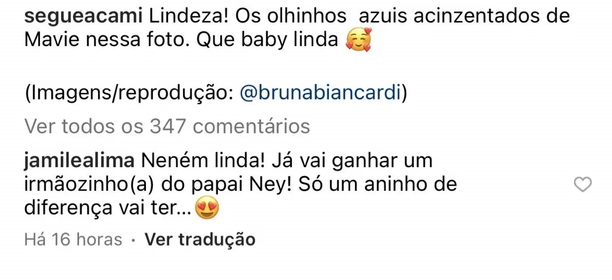 O comentário foi feito em uma publicação sobre Mavie, filha de Neymar com Bruna Biancardi, nascida em outubro