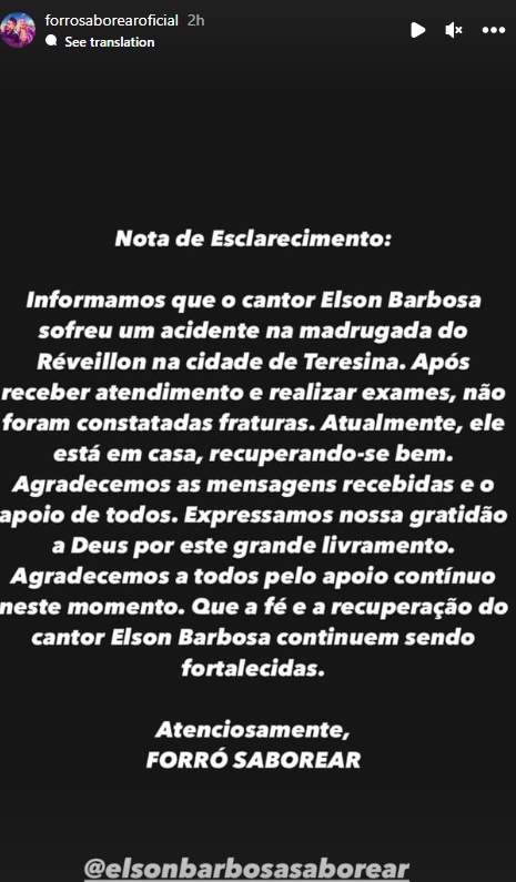 Nota de esclarecimento da banda Forró Saborear sobre o acidente do cantor Elson Barbosa