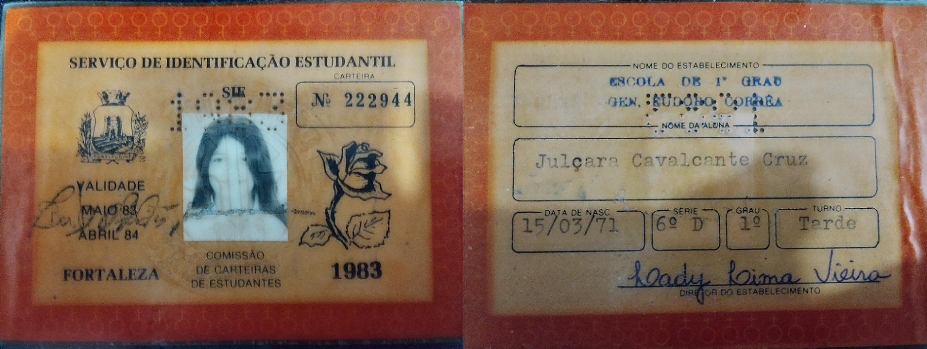 Carteira de identidade estudantil de Julçara Cavalcante quando criança, quando estudava na então Escola de 1º Grau General Eudoro Corrêa