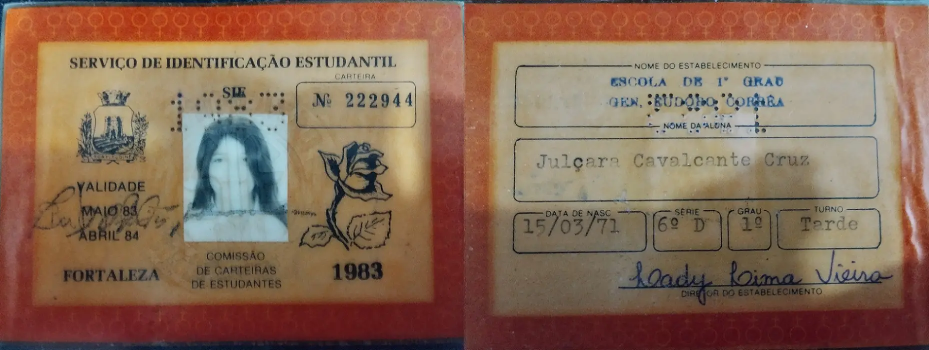 Carteira de identidade estudantil de Julçara Cavalcante quando criança, quando estudava na então Escola de 1º Grau General Eudoro Corrêa