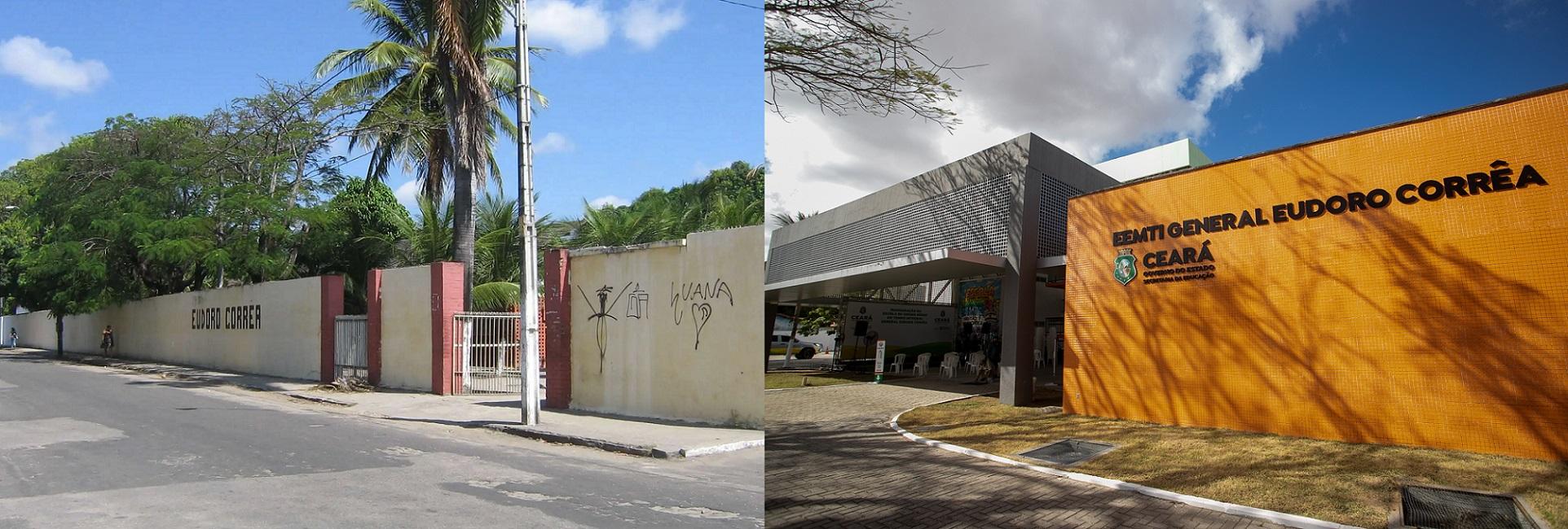 Montagem com duas fotos da fachada da escola antigamente (à esquerda) e atualmente (à direita)