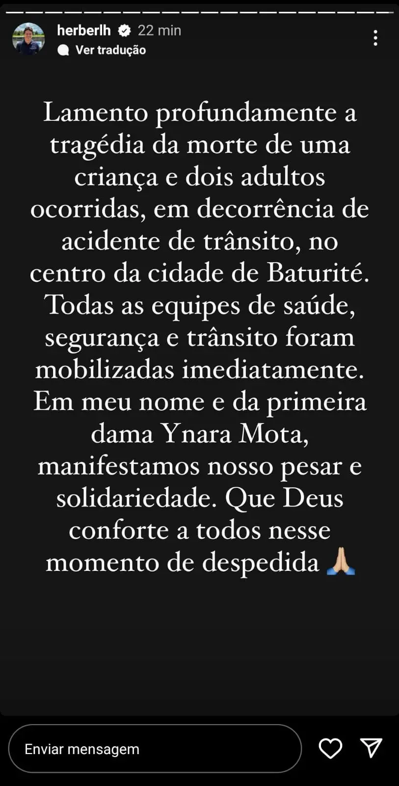 Captura de tela de stories do prefeito de Baturité comentando morte de família em acidente