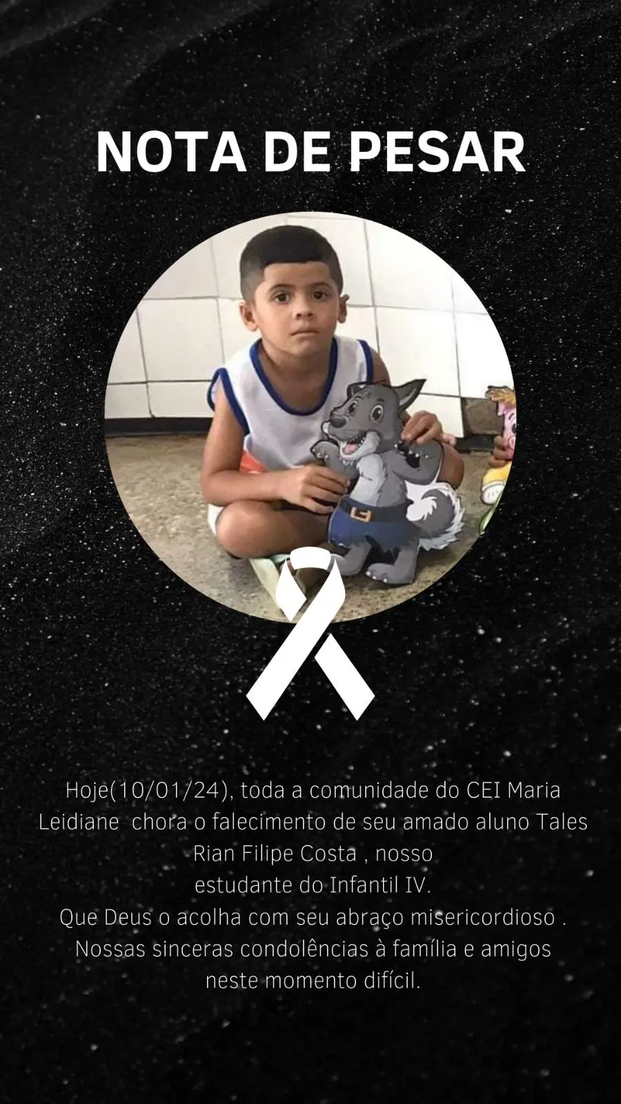 Foto de nota de pesar de escola por morte de aluno, que foi atropelado por um caminhão em Baturité