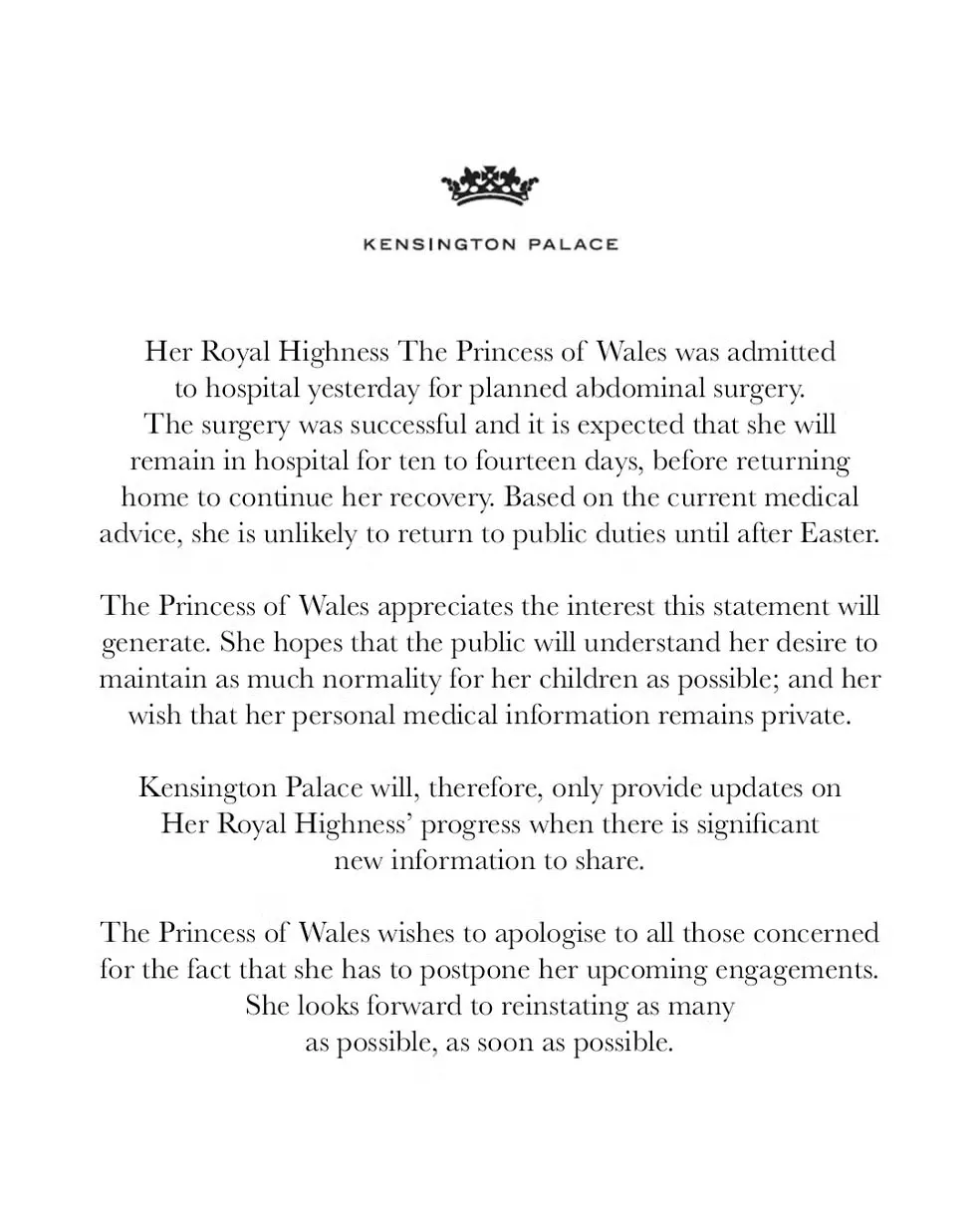 Comunicado sobre cirurgia de Kate Middleton publicado pelo Palácio de Kensington