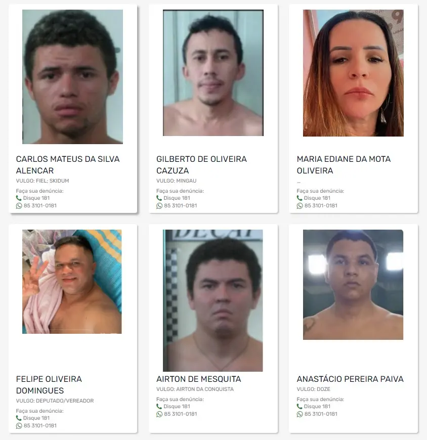Informações sobre os criminosos procurados podem ser repassadas para a Polícia pelos números 181 ou (85) 3101-0181