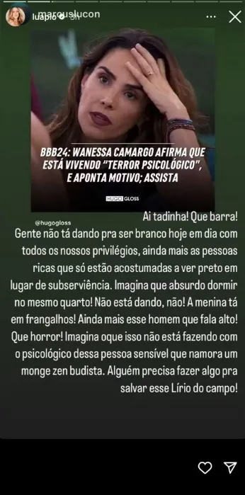 Luana fez comentário nos stories do Instagram