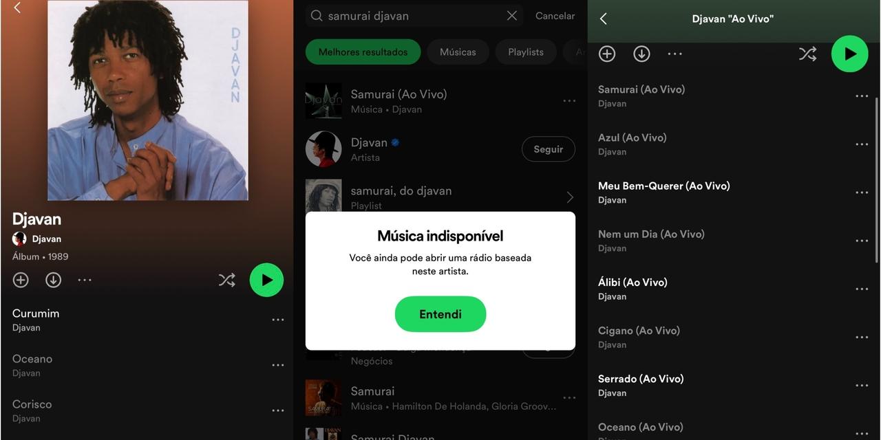 Músicas de Djavan, entre outros artistas, ficaram indisponíveis no Spotify