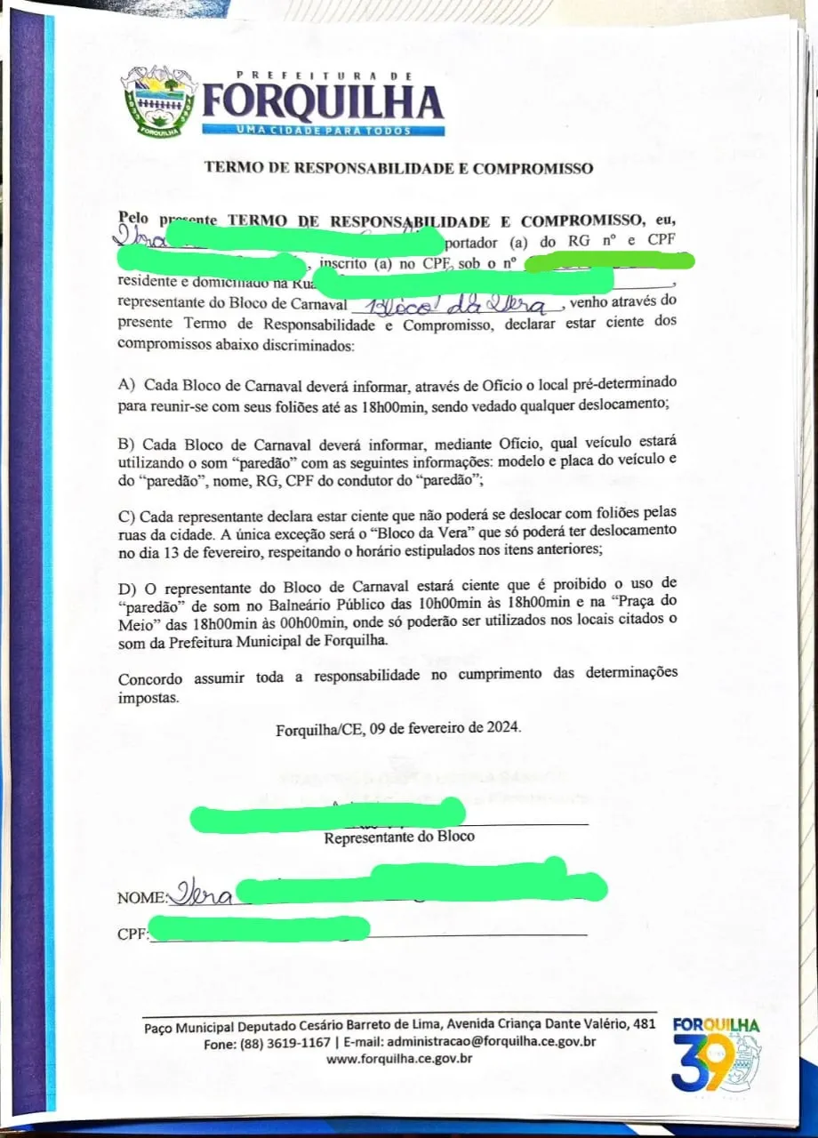 Termo em questão, este assinado pela responsável pelo tradicional Bloco da Vera.