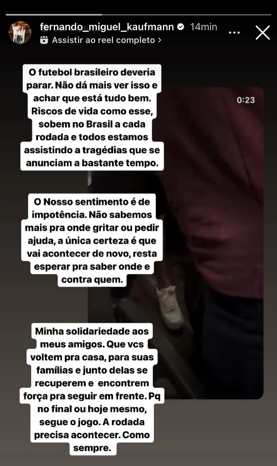 O goleiro Fernando Miguel, do Ceará, também se posicionou sobre o caso de violência