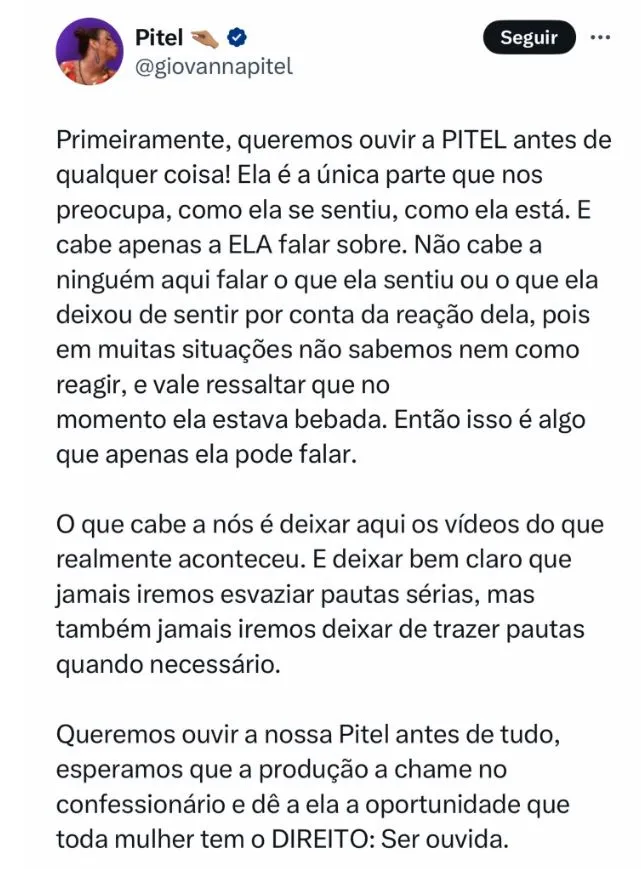 Pronunciamento da equipe da Pitel nas redes sociais
