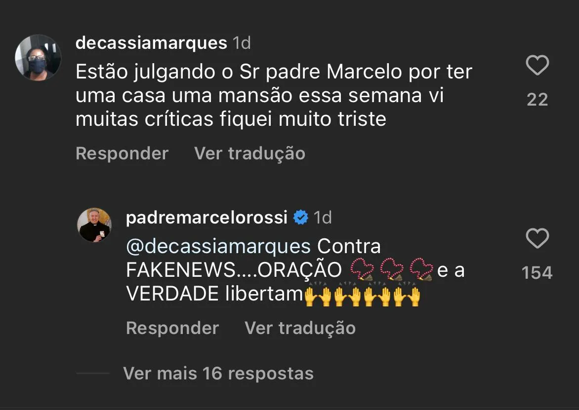 Padre respondeu comentário de seguidora sobre a mansão