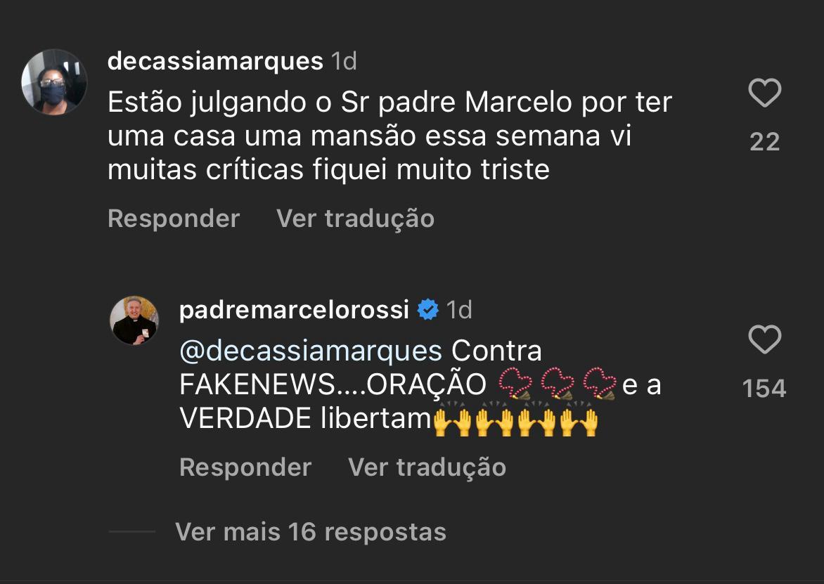 Padre Marcelo Rossi respondeu comentário de seguidora sobre a mansão