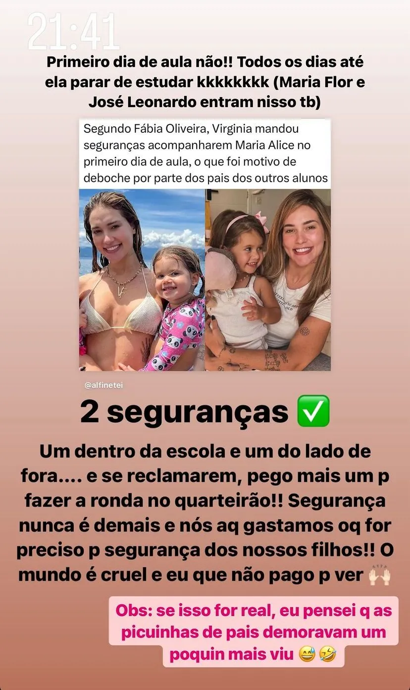Influenciadora falou sobre o caso de ter contratado seguranças para a filha