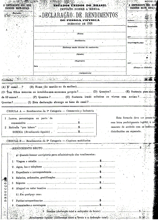 foto da declaração de rendimentos em 1926