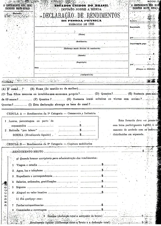 foto da declaração de rendimentos em 1926