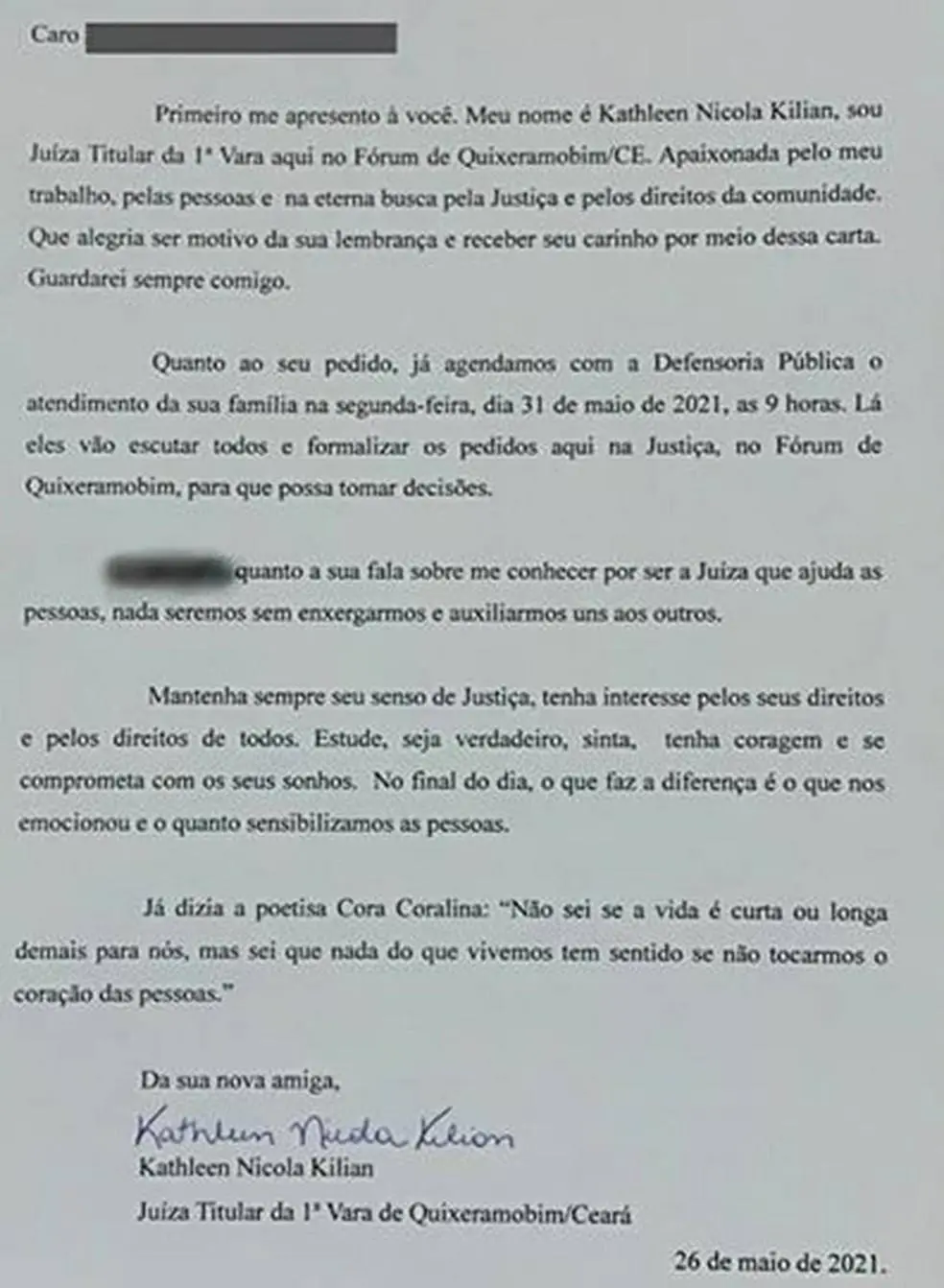 Carta da juíza para Ângelo