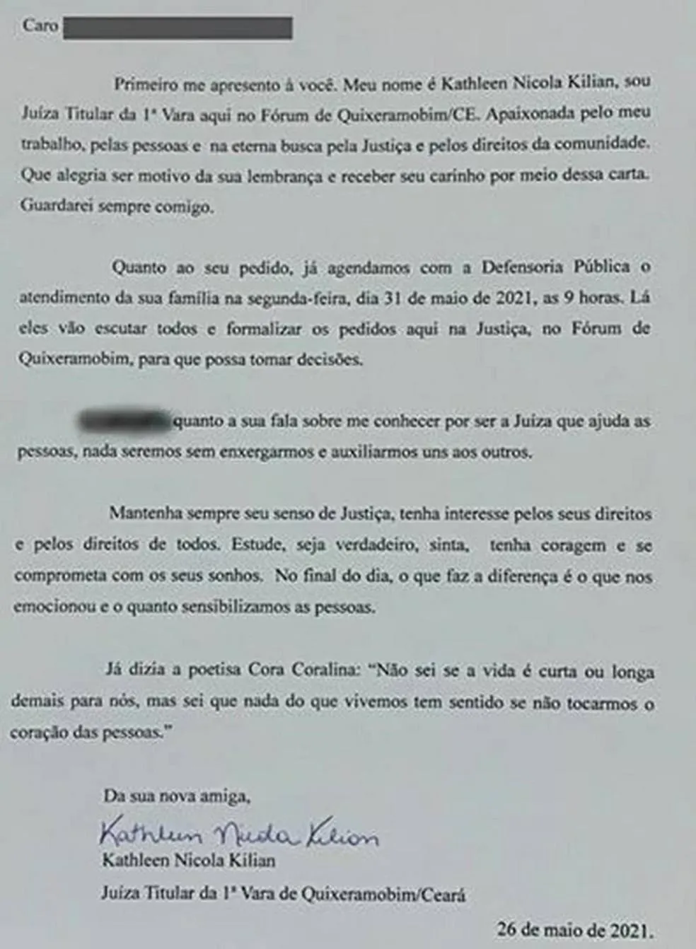 Juíza da cidade respondeu ao pedido do menino com uma outra carta
