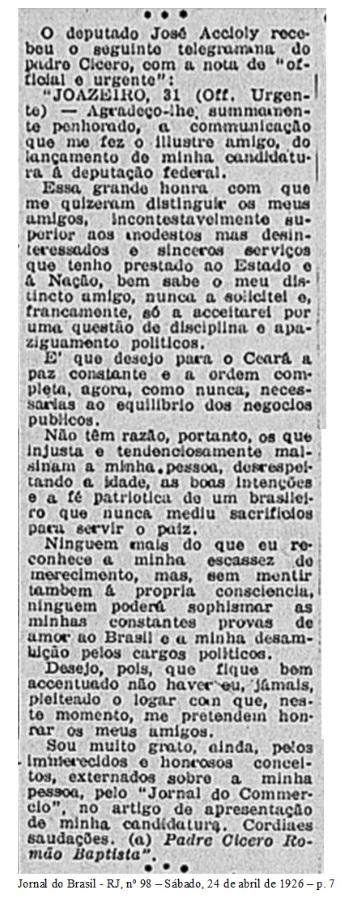 Trecho do Jornal do Brasil de abril de 1926