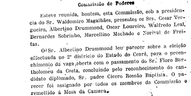 Ata da sessão em que a vitória de Padre Cícero foi reconhecida no Congresso Nacional