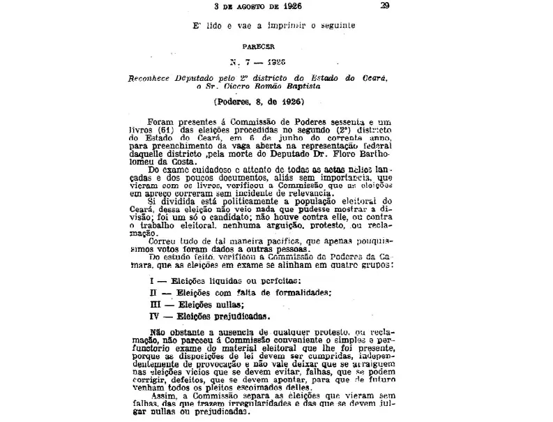 Anais da Câmara registraram a eleição de Padre Cícero