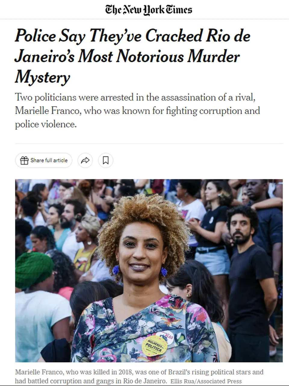 Print de notícia do jornal the new york times sobre a prisão dos mandantes da morte de marielle