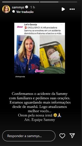 Equipe de Sammy Sampaio publica story, do Instagram, confirmando acidente