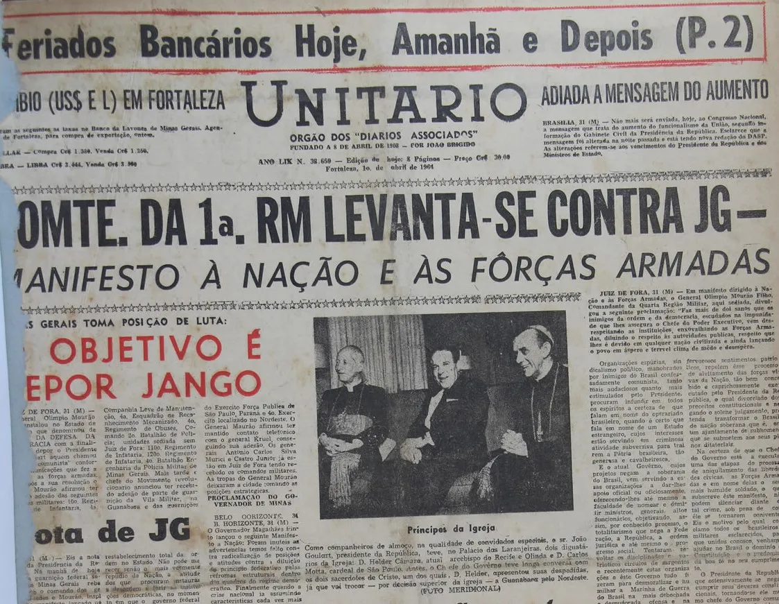 Manchete do dia 1º de abril de 1964 no jornal cearense Unitário