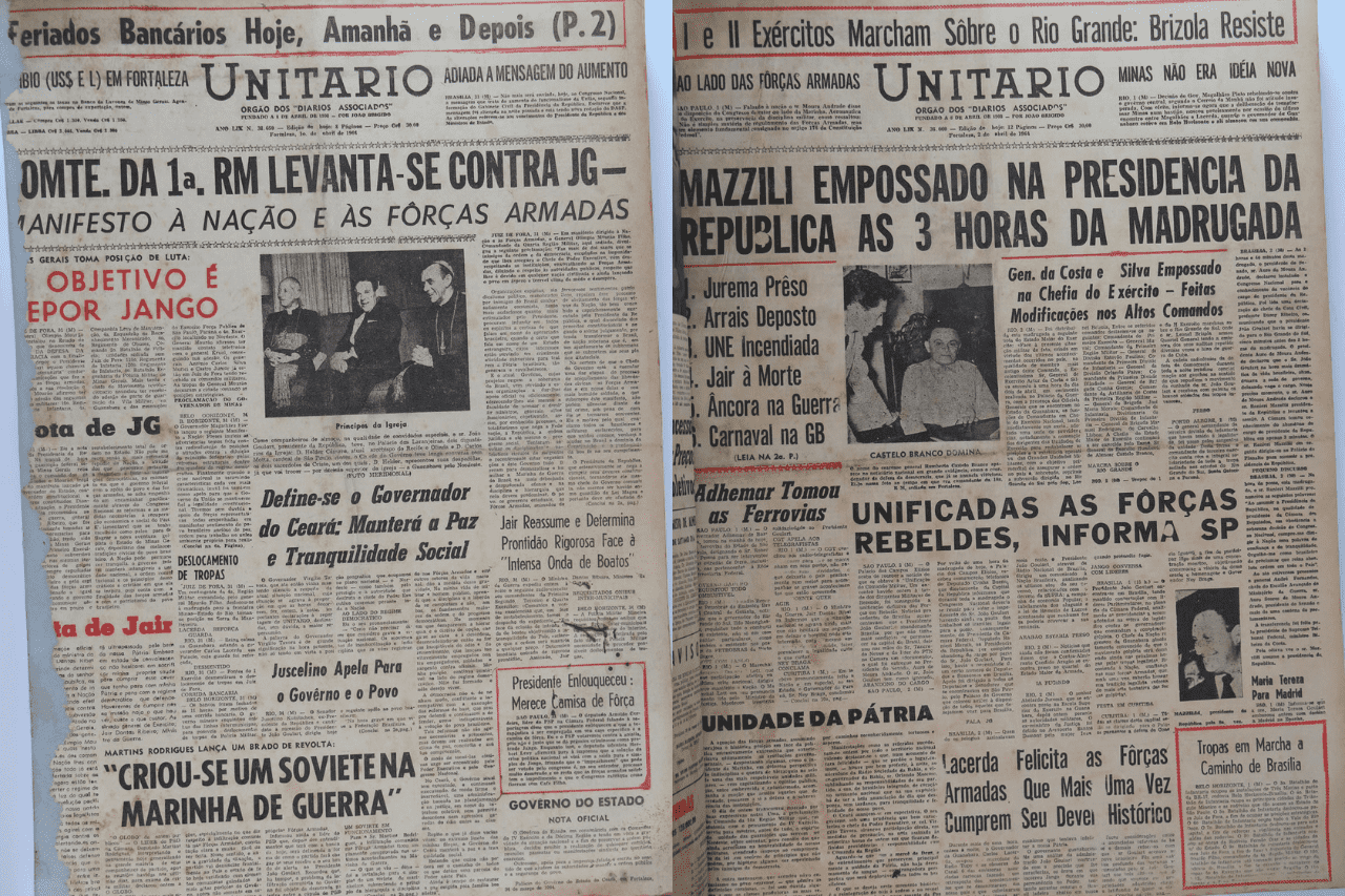 Capas do jornal cearense Unitário, em dois momentos em abril de 1964.