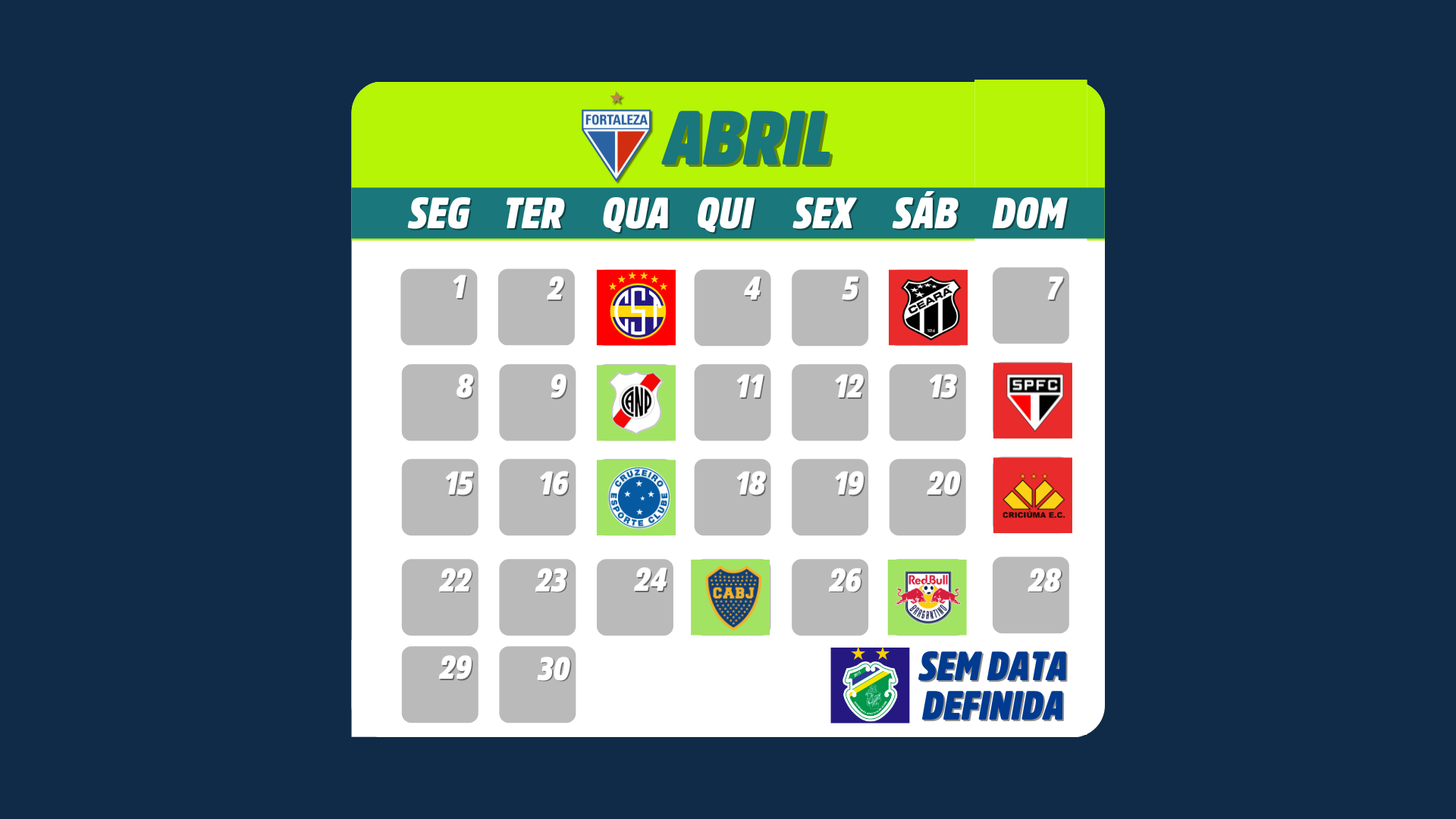 Imagem de uma tela contendo os jogos do Fortaleza no mês de Abril