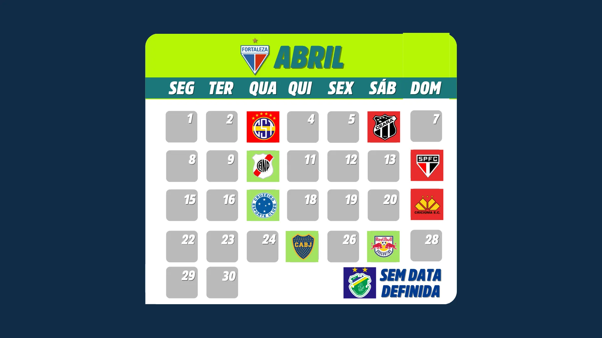 Calendário do Fortaleza no mês de Abril