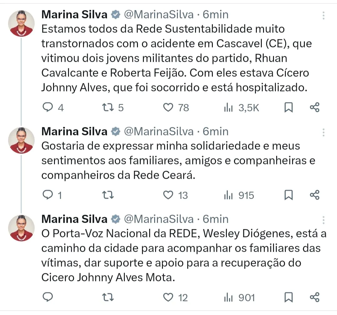 Ministra utilizou as redes sociais para lamentar a morte dos jovens