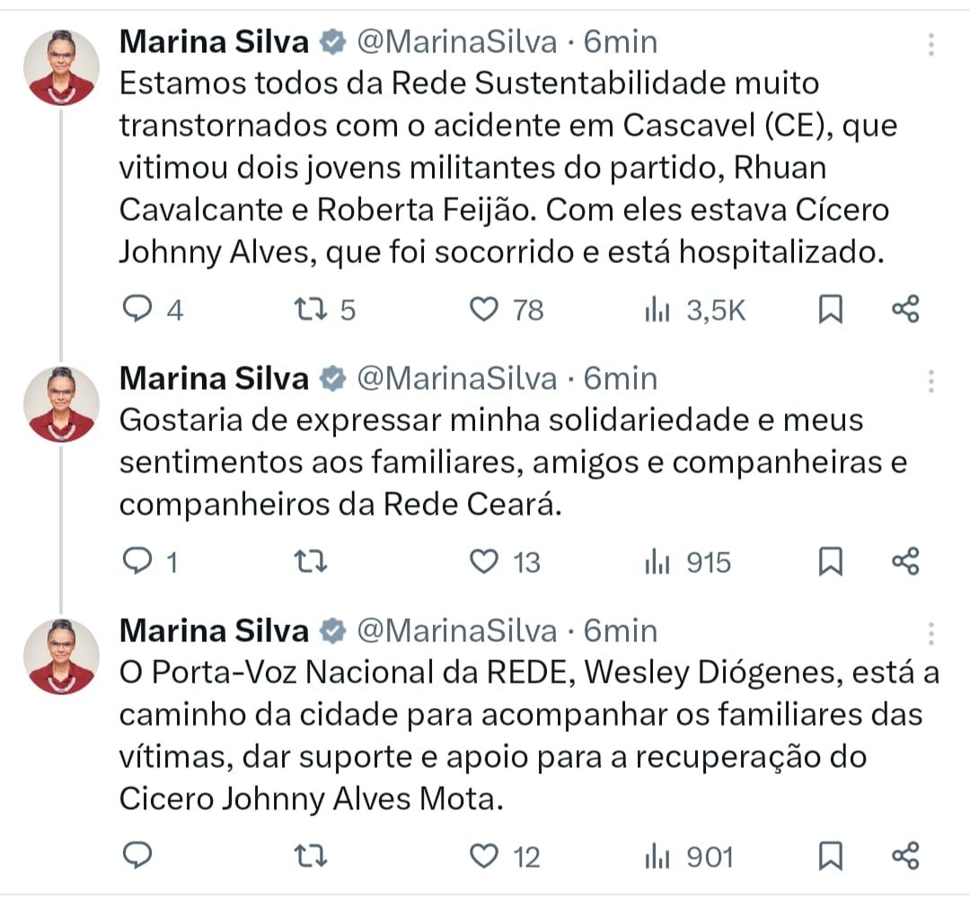 Marina Silva lamenta morte de jovens militantes em acidente em Cascavel