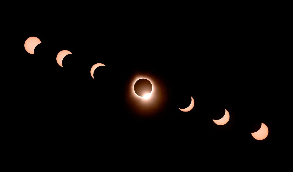 Imagem formada por sete fotografias do eclipse feitas em Bloomington, Indiana, nos Estados Unidos.