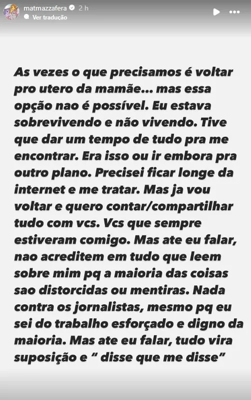 Ma Mazzafera compartilhou o pronunciamento nos stories do Instagram