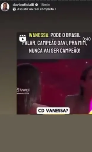 Davi compartilhou vídeo com fala de Wanessa durante o BBB