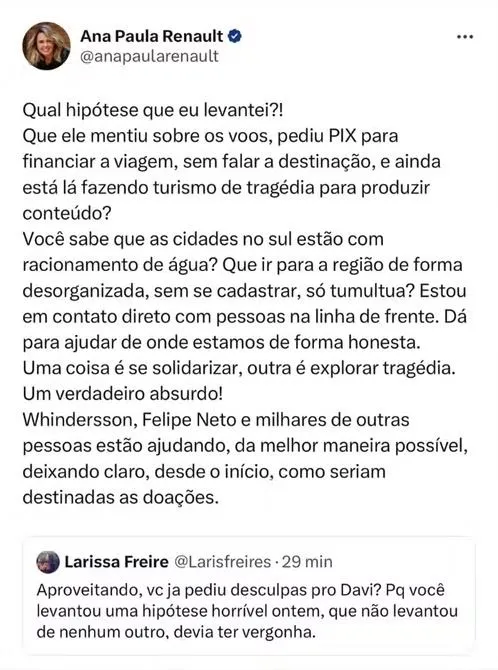 Ana Paula divulgou opinião no próprio perfil no X, antigo Twitter