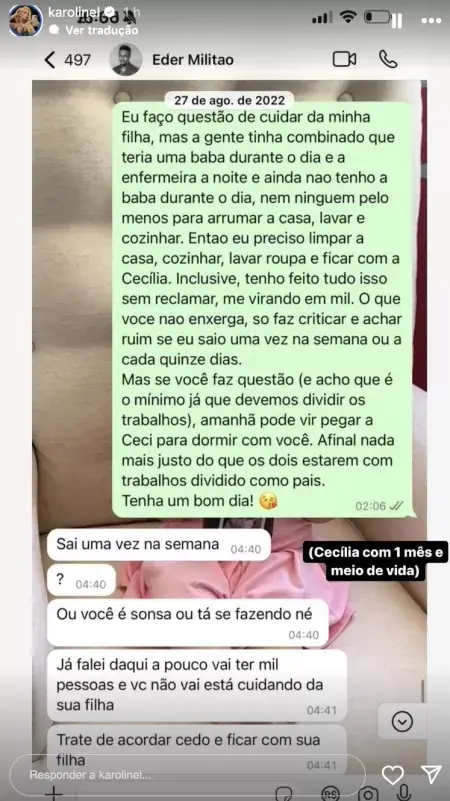 print de conversa de karoline lima com éder militão sobre filha cecília