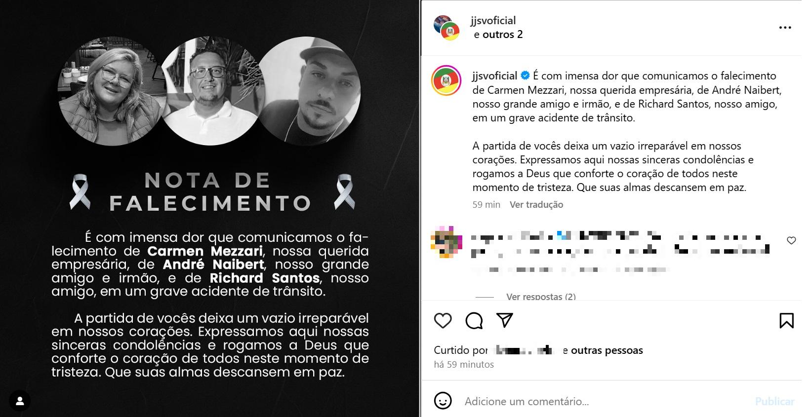 Publicação do Grupo Julian e Juliano & Só Vanerão (JJVS) no Instagram confirma a identidade das vítimas da colisão e lamenta a morte das três pessoas